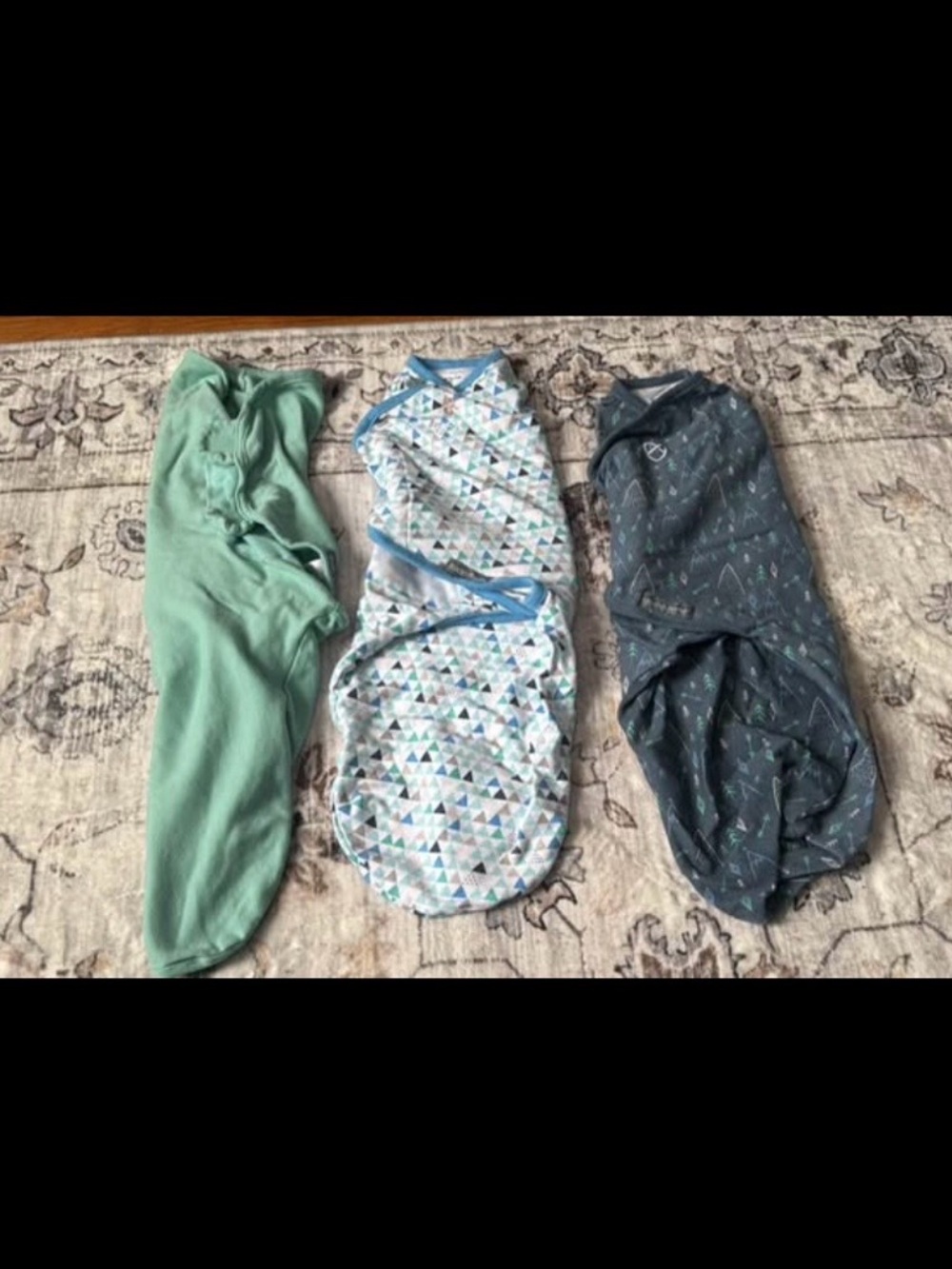 Three Baby Swaddle Sack Bundle - Mint Green, Light Blue Pattern, Charcoal Gray